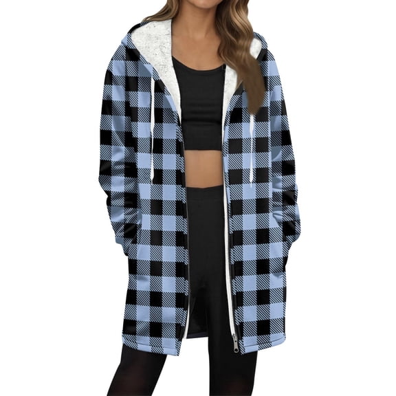 Fmbrln Women Long Fleece Jackets Full Zip Up Long Sleeve Plaid Print Hooded Jackets Fall Winter Thickened Warm Outwear with Pockets