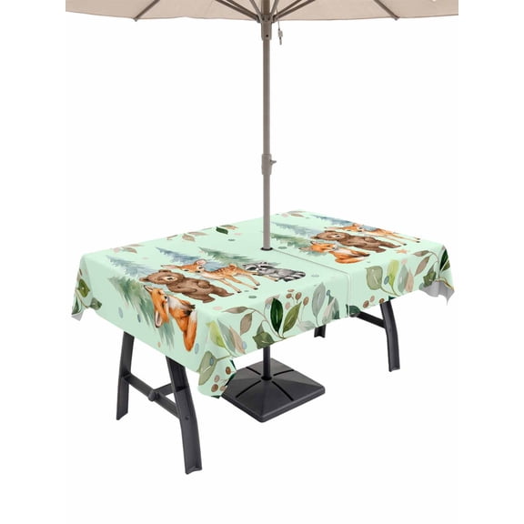 Outdoor Tablecloth with Umbrella Hole for Patio/Picnic/Party, Sage Green Eucalyptus Leaves Waterproof Table Cloth Rectangle Table Cover Washable, Summer Botanical Animals Watercolor (52"x 70")