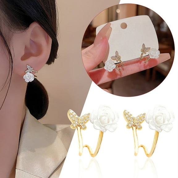 GHSOHS Clip On Earrings Butterfly Flower Earrings Minimalist Piercing Studs Trendy Earrings Gold Earrings Party Jewelry Gift Hypoallergenic Earrings for Women Fashion Earings