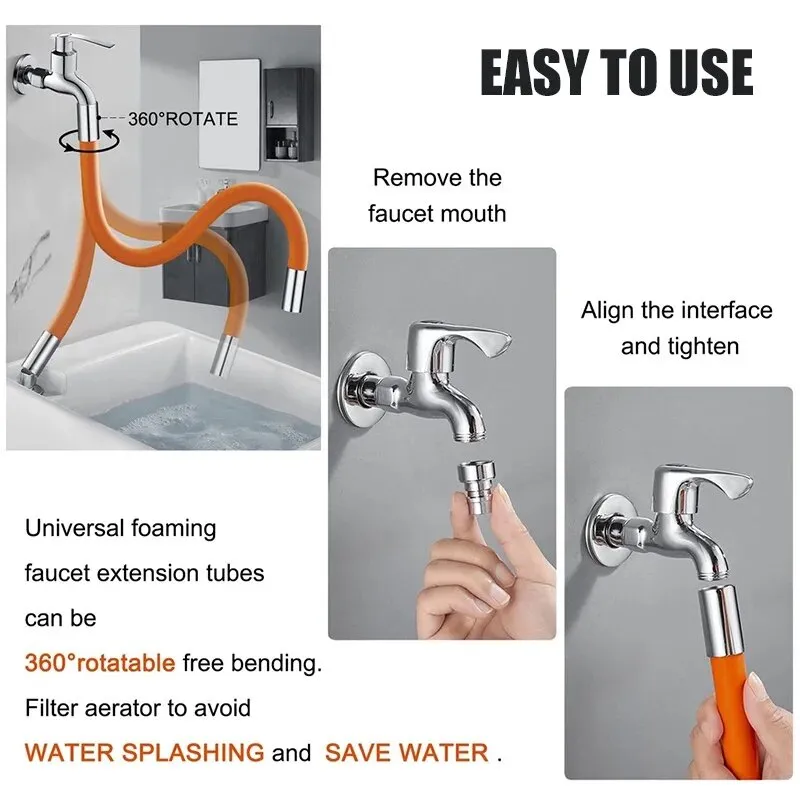 Kitchen Anti-Splash Faucet Extension Extender Universal 360° Rotating Flexible Hose Water Tap Tube for Bathroom Wash Basin