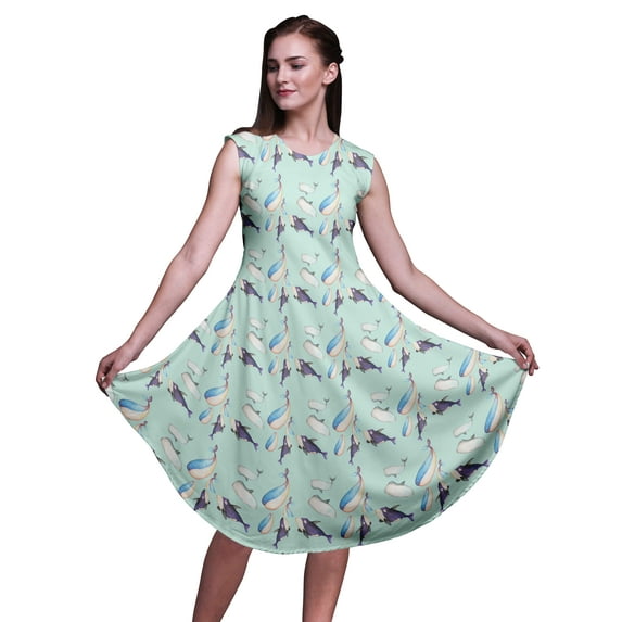 Bimba Green Whale Ocean Printed Ladies Sleeveless Round Neck Summer Dress Casual Wear-X-Large