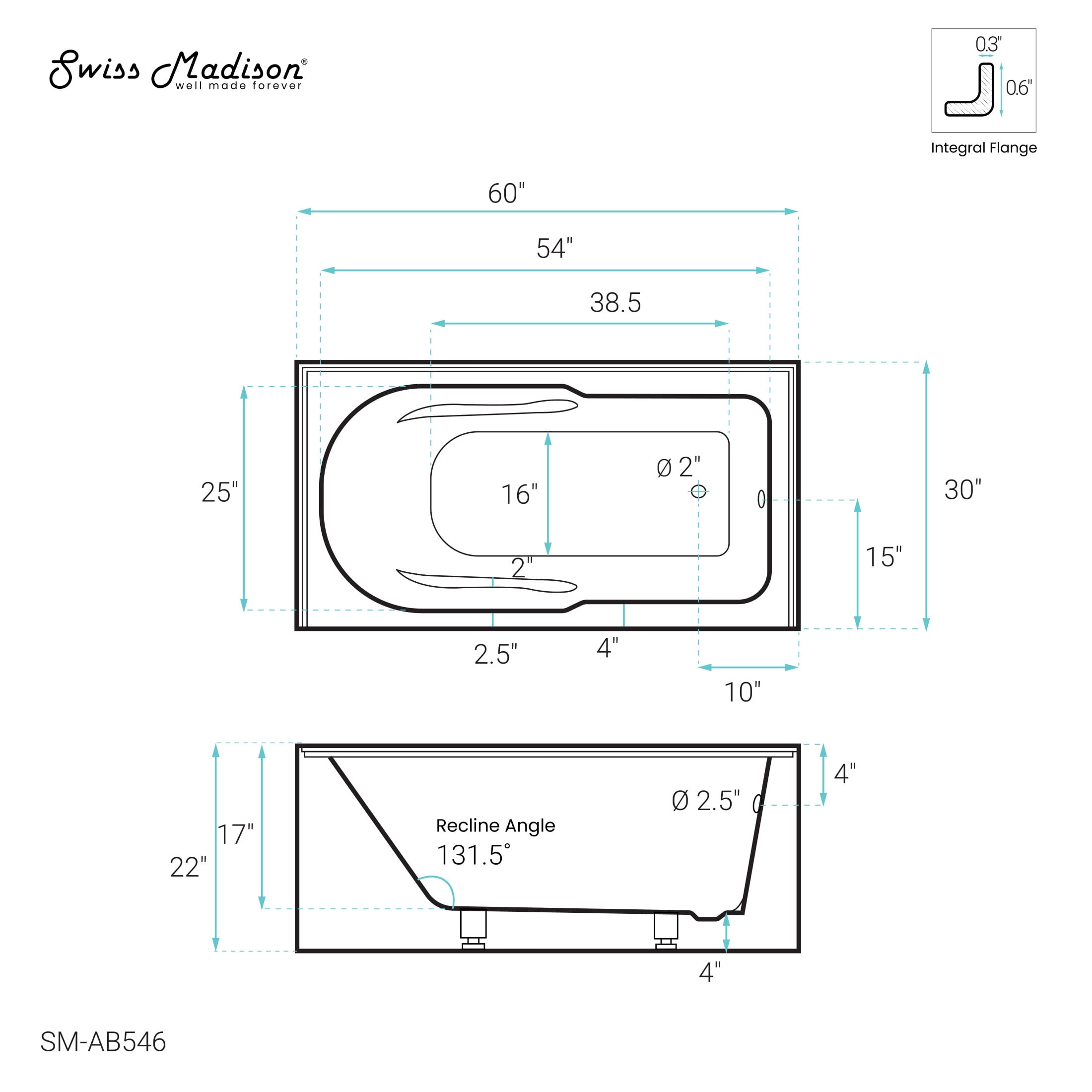 Ivy 60" x 30" Right-Hand Drain Alcove Bathtub with Apron