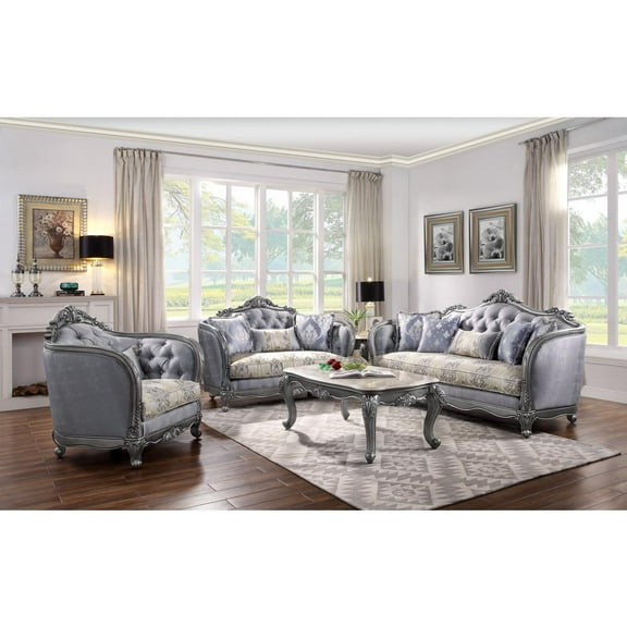 ACME Ariadne Fabric Tufted Sofa with 5 Pillows in Platinum Gray