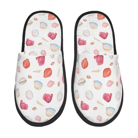 Balery Red coral and scallop seashell Slient Indoor Furry Fleece Comfort House Shoes Soft Non-Slip Home Shoes Cotton slippers House Slippers-- Large