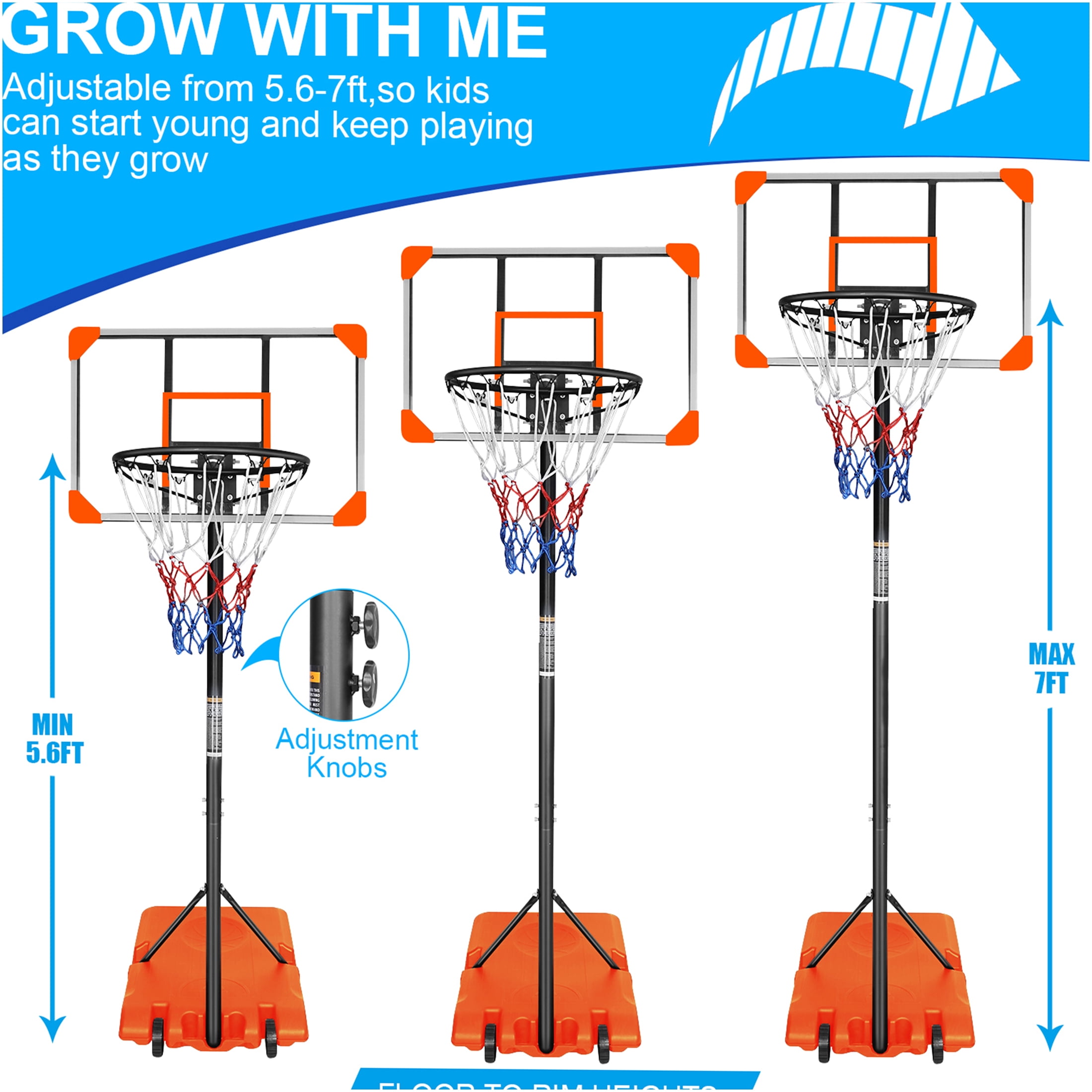 JERFIT Portable Basketball Hoop with Wheels, 5.6-7ft Height Adjustable Goal System for Youth Kids, 28" Backboard, Indoor Outdoor Use with Sand/Water Base