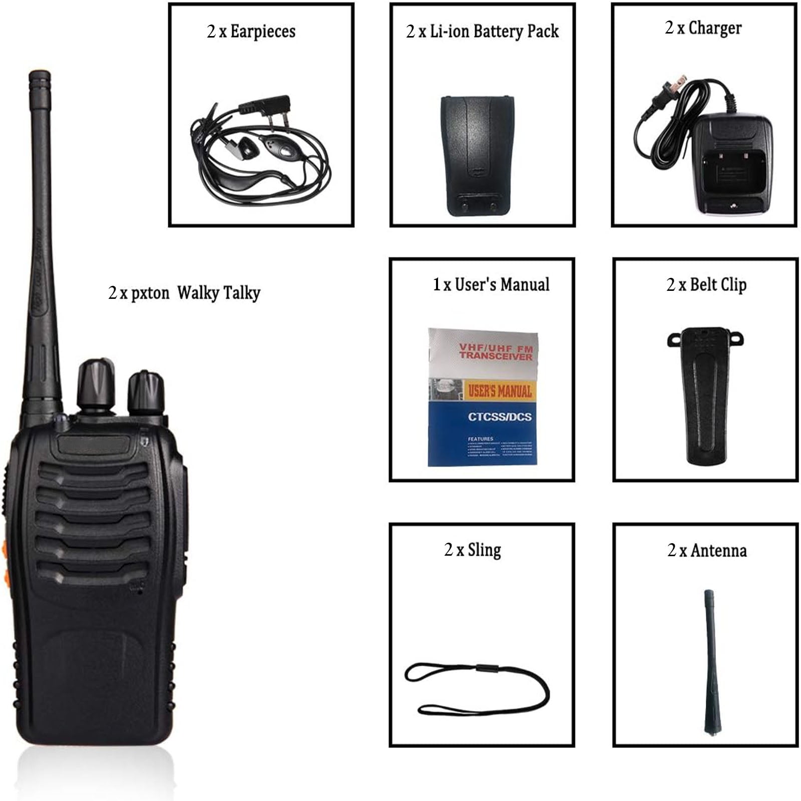 Finew Rechargeable Walkie Talkies Long Range, 2-Way Radios Walkie Talkies for Adults with Earpieces, Walky Talky with Li-ion Battery Flashlight and Charger(2 Pack)