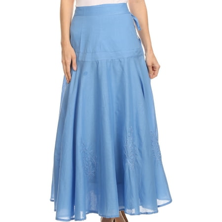 Grass Wrap Around Skirt Sakkas Harriet Long Tall Adjustable Embroidered Wrap Around Skirt With Waist Tie - Blue - OS ()
