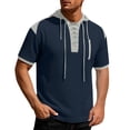 thumbnail image 3 of Men's Colorblock Short Sleeve Hoodie T-Shirt | Cotton Blend Pullover Hooded Top | Crewneck, Athletic Fit, Kangaroo Pocket | Breathable, Stretch Fabric | Casual Daily, | Zenithor,Navy 3XL, 3 of 9