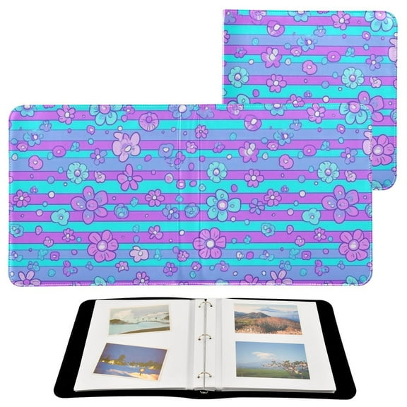 Leather Cover Photo Album 80 Pockets 4x6 Photos Bookshelf Picture Album Blue Pink Stripes with Flowers