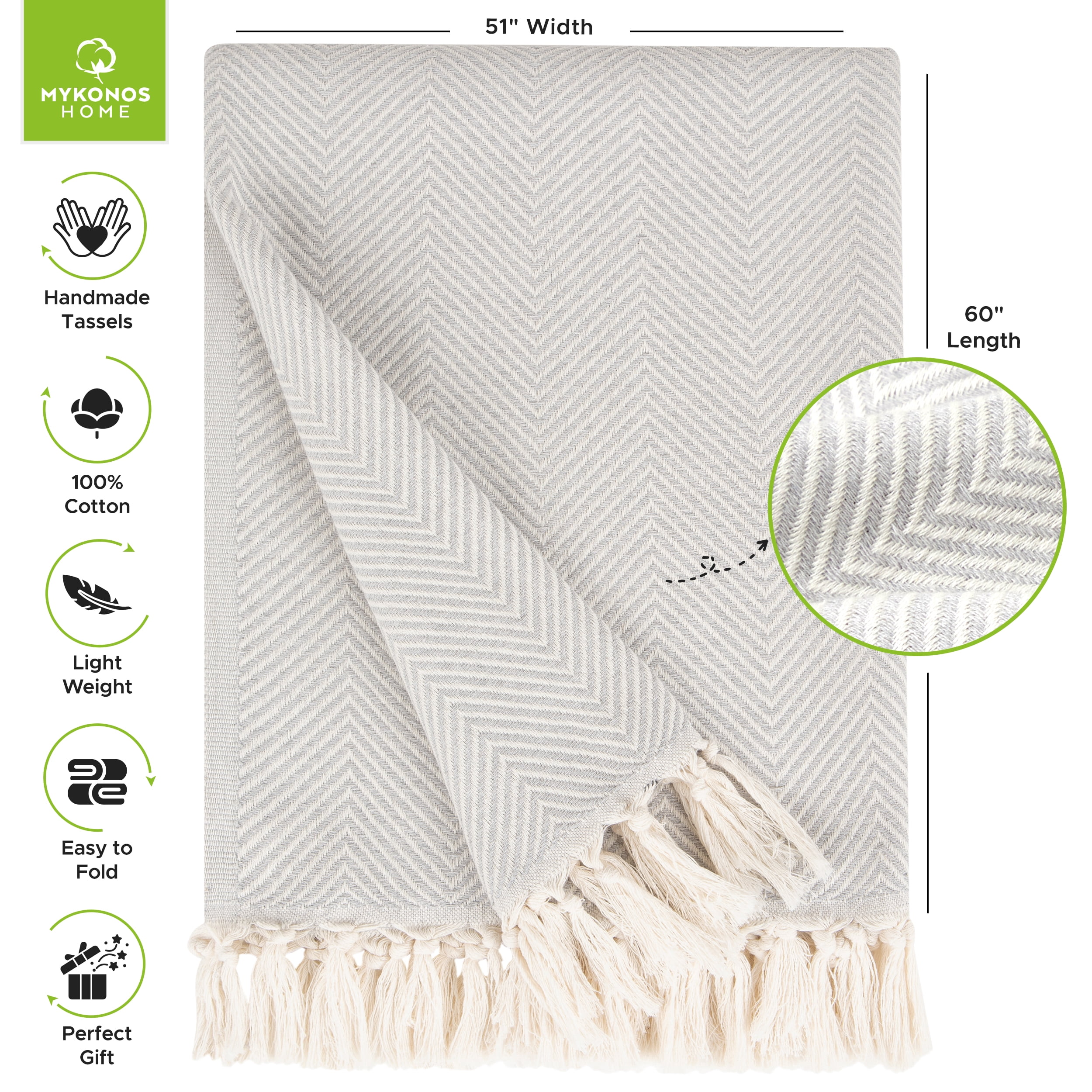Mykonos Turkish Throw Blanket (Pack of 3) Boho Design, 100% Turkish Cotton Weaving, 51x70 in Gift Idea for Mother's Day Light Gray