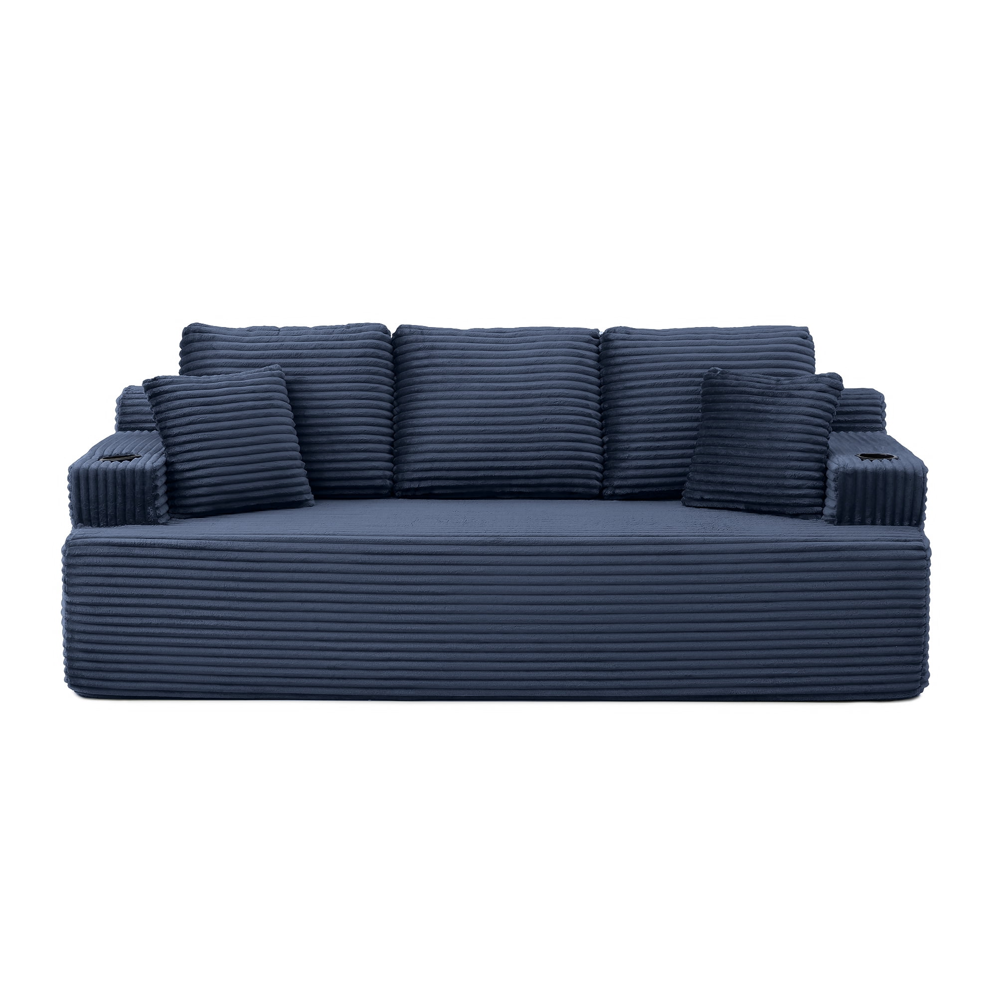 Boneless Sofa, 3-Seater Floor Couch with Cup Holders and Side Pockets, Corduroy Fabric No Assembly Sofa for Living Room or Dorm, 86.2 Inch, Blue