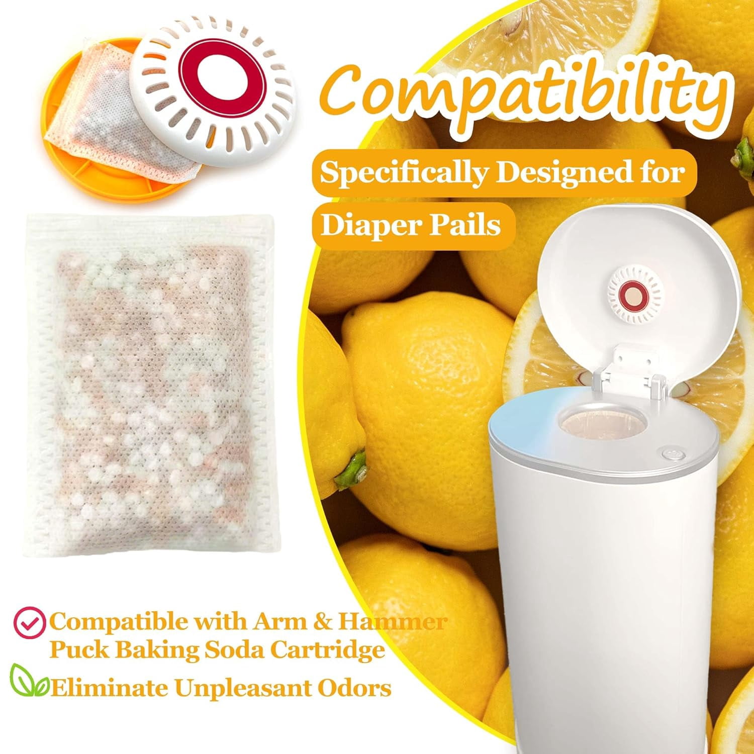 Lemon-Scented Deodorizer Packs for Baby Puck Cartridge, Odor Absorber Refills Compatible with Munchkin Step and Pail Diaper Pails, 12 PCS (For 3.5" Cartridge) (12, Lemon)