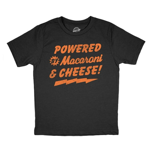Youth Funny T Shirts Powered By Macaroni and Cheese Sarcastic Food Graphic Novelty Tee for Kids