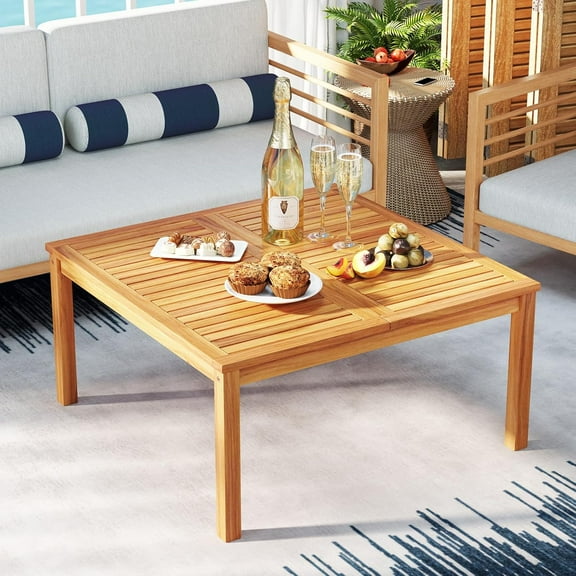 RELAX4LIFE Wood Outdoor Coffee Table - 35.5'' Square Patio Table with Slatted Top & Solid Legs, Acacia Wooden Outdoor Dining Table for Balcony, Garden, Porch, Poolside, Deck