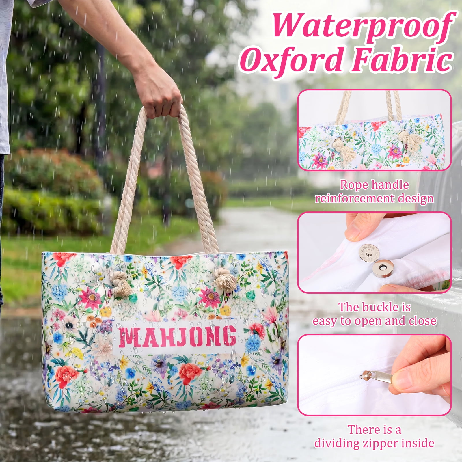 Floral Mahjong Storage Bag Set 3 Piece Organizer with Large Tote Tile Pouch and Drawstring Bag for American Mahjong Tile Rack and Accessories
