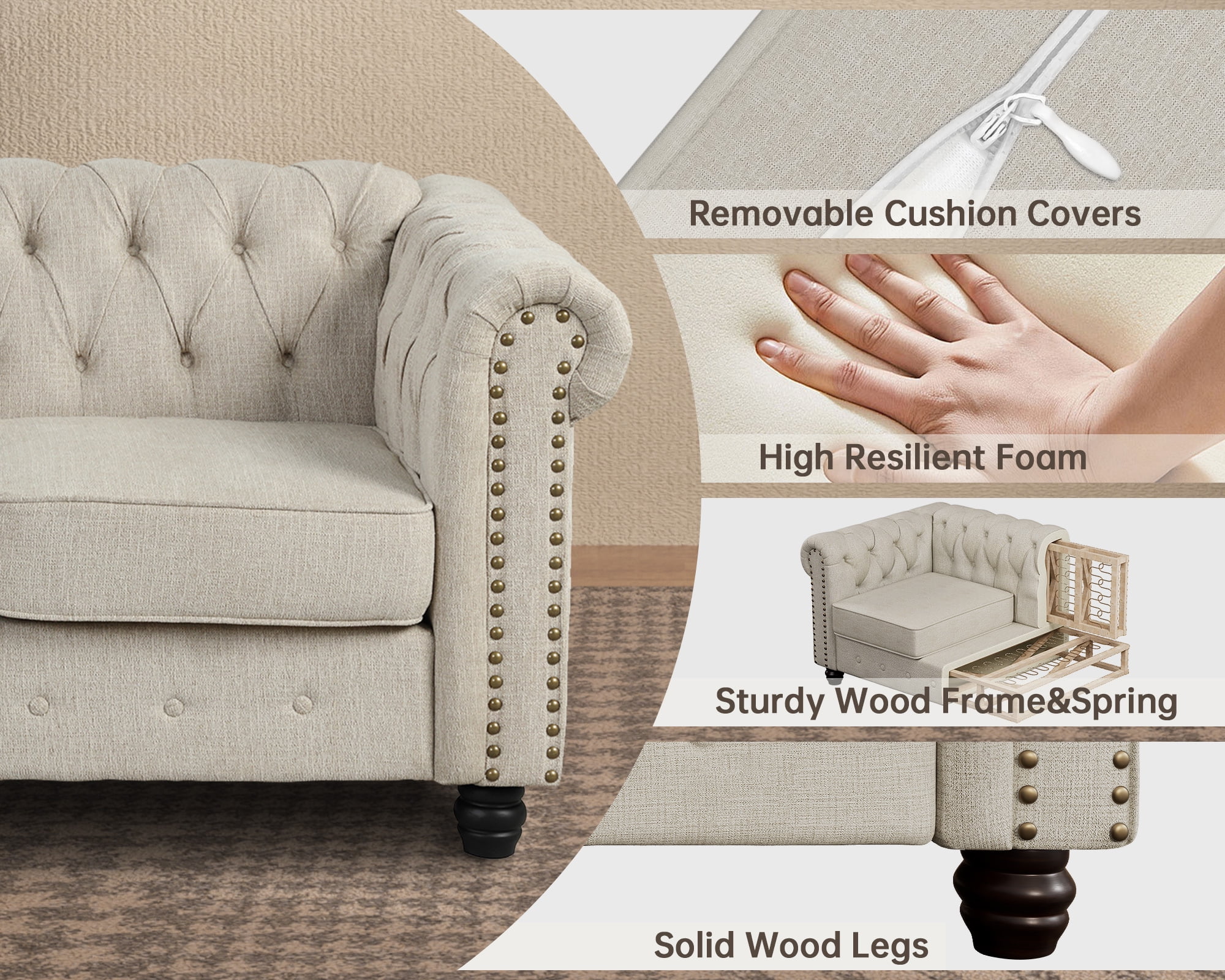 Morden Fort 3-Seater Chesterfield Sofa Couch with Rolled Arm and Wooden Frame, for Living Room