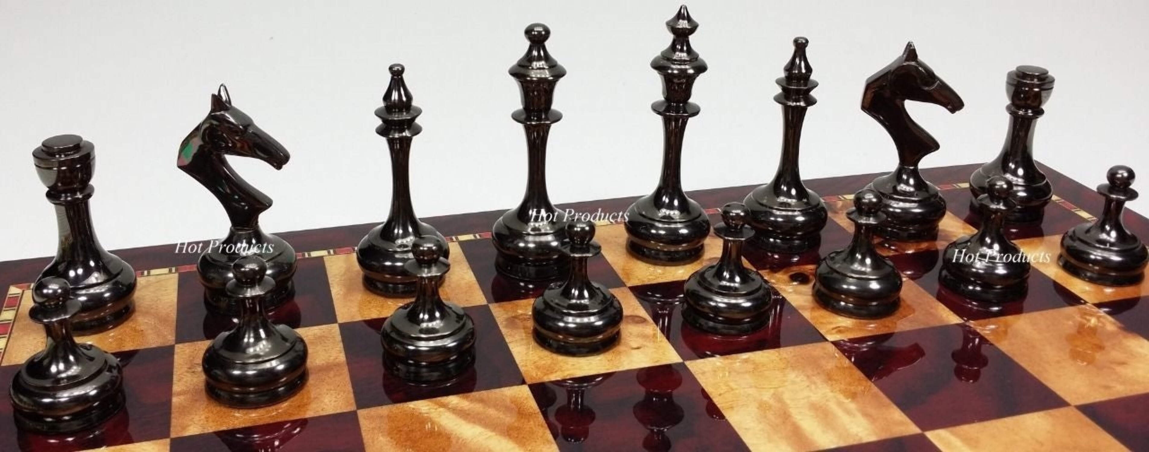 Brass Metal Gold  Black Modern Slim Staunton Chess Set 18" Cherry Color Board
