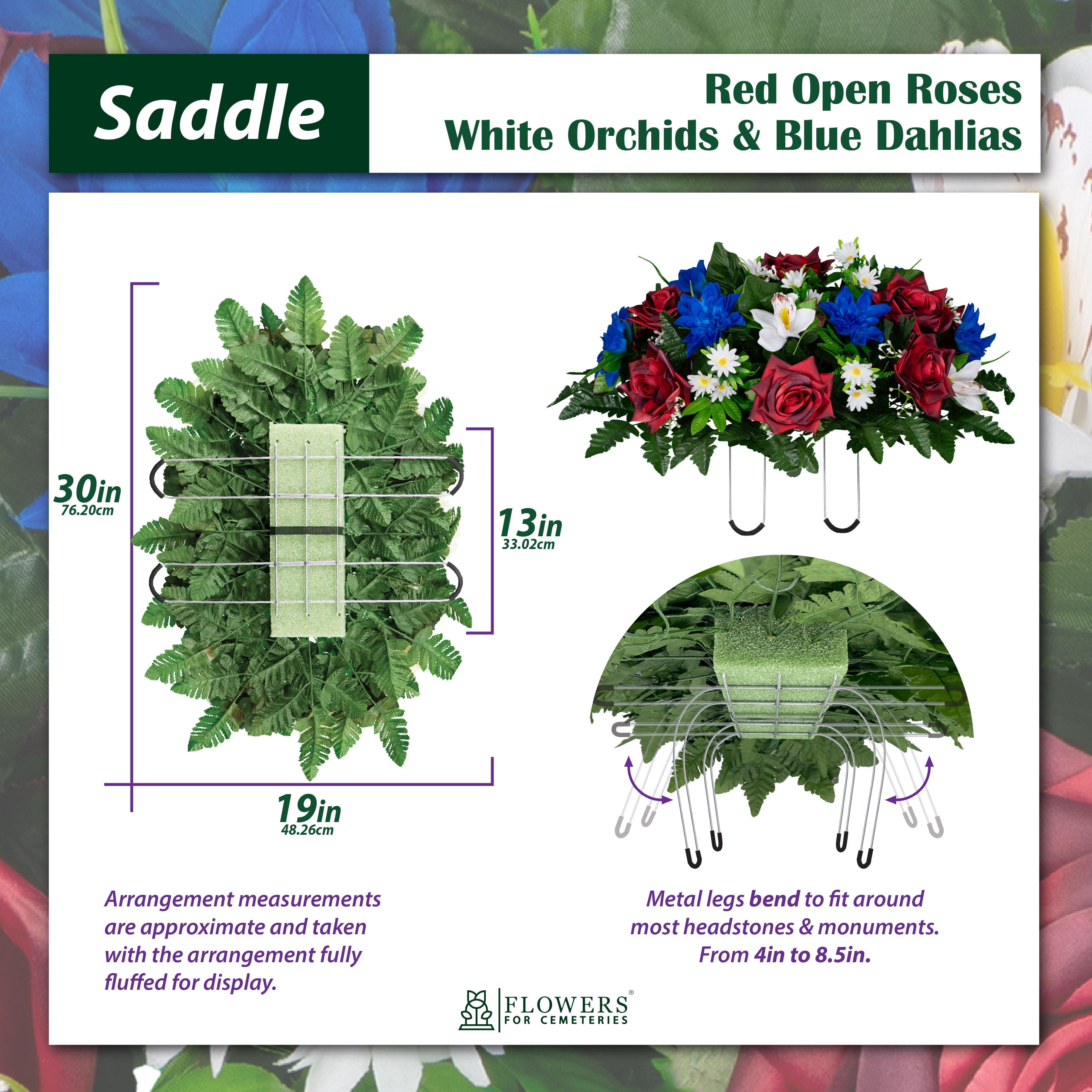 Sympathy Silks Artificial Cemetery Flowers - Red Open Roses White Orchids and Blue Dahlias - Outdoor Saddle for Headstone