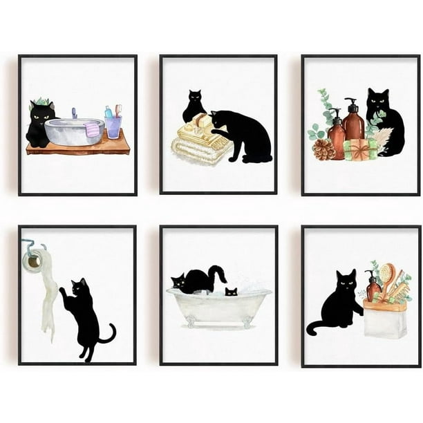 Póster de gato negro, arte de pared, póster de baño, imagen de animal lindo, impresión en lienzo, pintura de gato, póster, imágenes de gatos, arte de pared, pósteres de papel higiénico para gatos