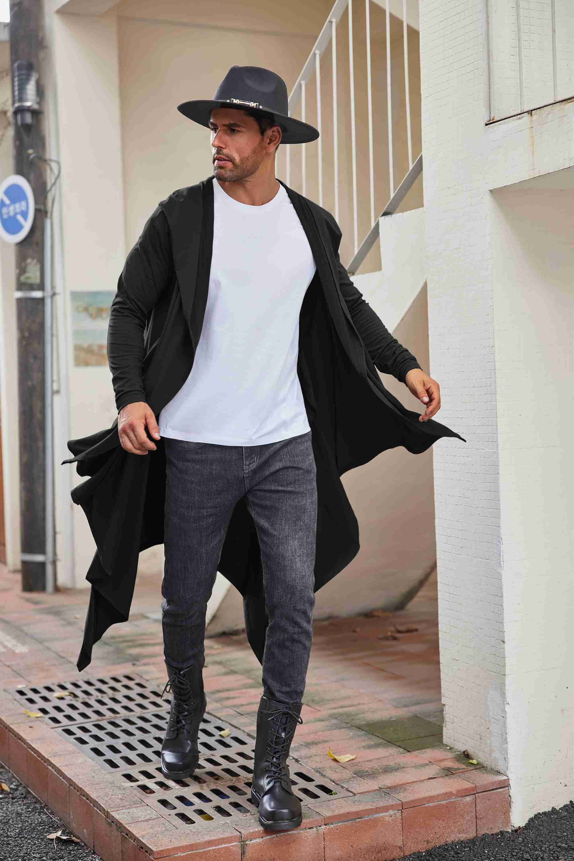 COOFANDY Long Hooded Cardigan Ruffle Shawl Collar Open Front