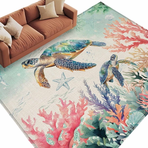 8x10 Area Rugs for Living Room, Coastal Turtle Non Slip Area Rugs for Kitchen Bedroom Entryway, Farmhouse Nautical Coral Starfish Seashells Washable Carpet Runner Rug Floor Mats for Bedroom