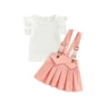 thumbnail image 1 of 2 Pcs Kids Girl Ribbed Short Sleeve Tops + Suspender Pleated Skirt, Lace Flower Patchwork Sweet Summer Clothing, 1 of 7