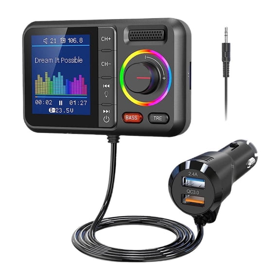 Car Wireless Bluetooth Transmitter MP3 Player with Big Color Screen, Dual USB 2.4A QC3.0, TF Card Support, AUX Output, Handsfree Call, Voice Assistant, and 8 LED Backlit Modes