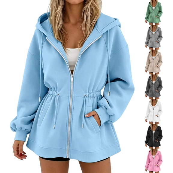 Qzwdhjm Womens Zip Up Hoodie Drawstring Waist Hooded Jackets with Fleece Lined Full Zip Long Sleeve Tunic Jacket with Pockets