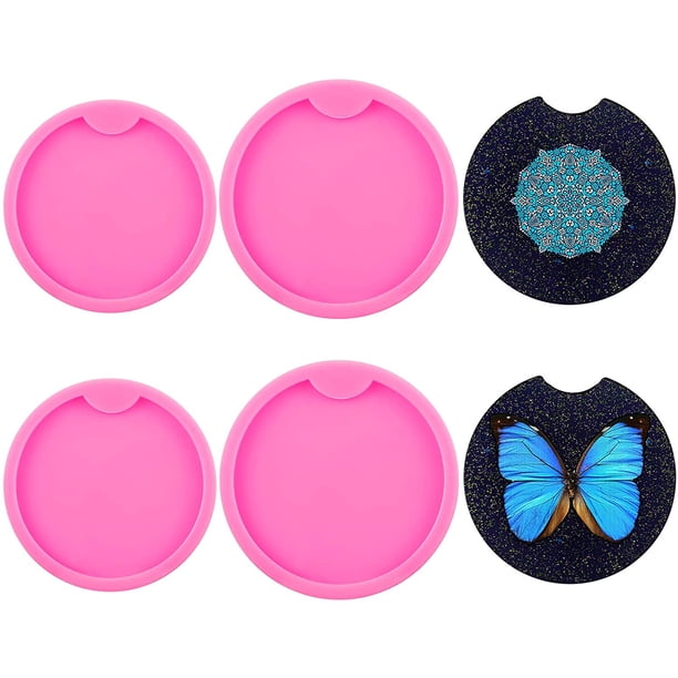 Molde de silicona para posavasos redondo de 4 piezas, molde de fundición de resina epoxi, molde de silicona para llavero para tapetes de taza, decoración del hogar (rosa, 6,5 cm, 7,5 cm de diámetro) Ormromra HMHZ1147