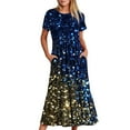 thumbnail image 6 of Penkiiy Women's Summer Casual Short Sleeve Crewneck Shiny Print Swing Dress Flowy Tiered Maxi Beach Dress with Pockets M Dark Blue, 6 of 7