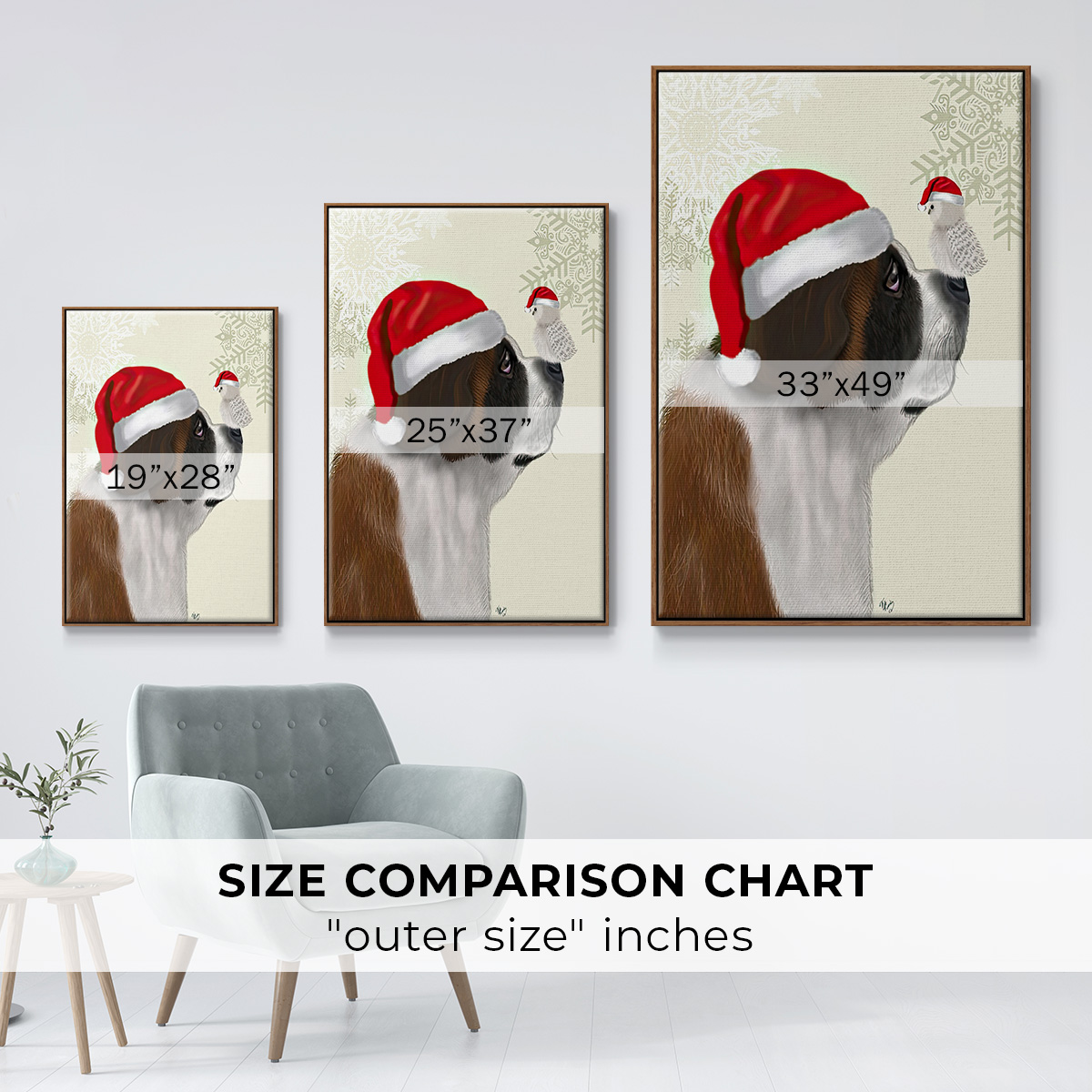 Christmas St Bernard and Fluffy Owl - Framed Gallery Wrapped Holiday Canvas - 25 x 37 - Rosewood Frame