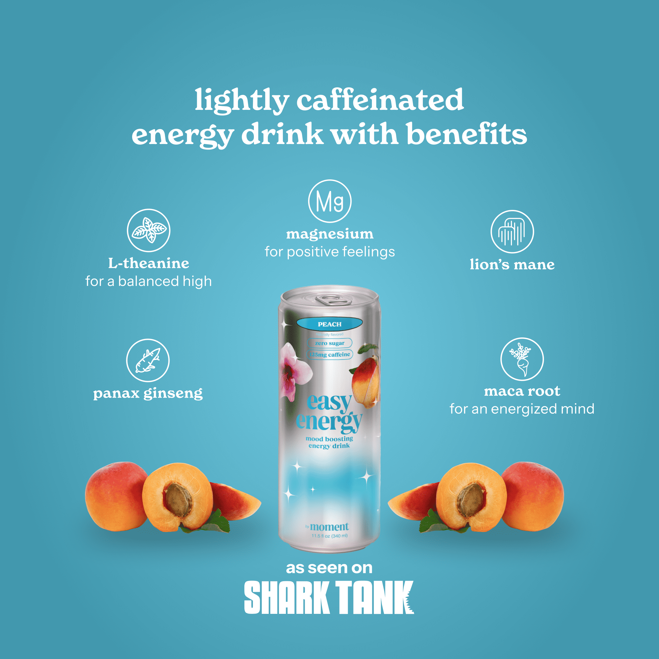 Moment Easy Energy Drink (Peach) – Zero Added Sugar Sparkling Energy Drinks with Natural Caffeine, Magnesium, B Vitamins & Lion’s Mane – L-Theanine & Adaptogens for Mood, Focus & Clarity – 12 Pack
