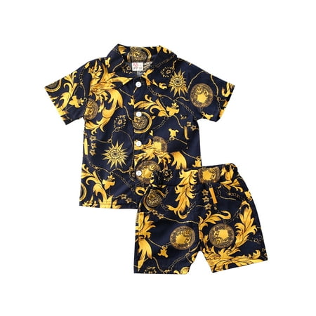 

Nokpsedcb Kids Baby Boys 2Pcs Clothes Sets Short Sleeve Floral Shirt Shorts Summer Outfit Yellow Totem 1-2 Years