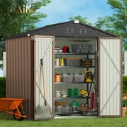 Aiho 8' x 6' Shed on Clearance, Outdoor Storage Shed with Metal Base Frame & Air Vent & Lockable Doors for Garden and Backyard - Light Brown