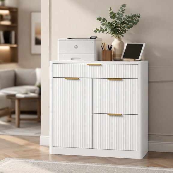 Freestanding Storage Cabinet with Charging Station, Fluted White Finish, Adjustable Shelves, File Drawers, and Anti-Collision Edges for Home Office, Bedroom, or Study