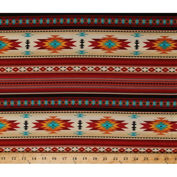 Cotton Southwestern Stripes Southwest Tribal Red Gold Turquoise Tucson Stripes Terracotta Cotton Fabric Print by the Yard (210-Tcotta)