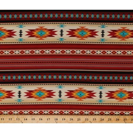 Southwest Terra Cotta - Cotton Southwestern Stripes Southwest Tribal Red Gold Turquoise Tucson Stripes Terracotta Cotton Fabric Print by the Yard (201-TERRACOTTA)
