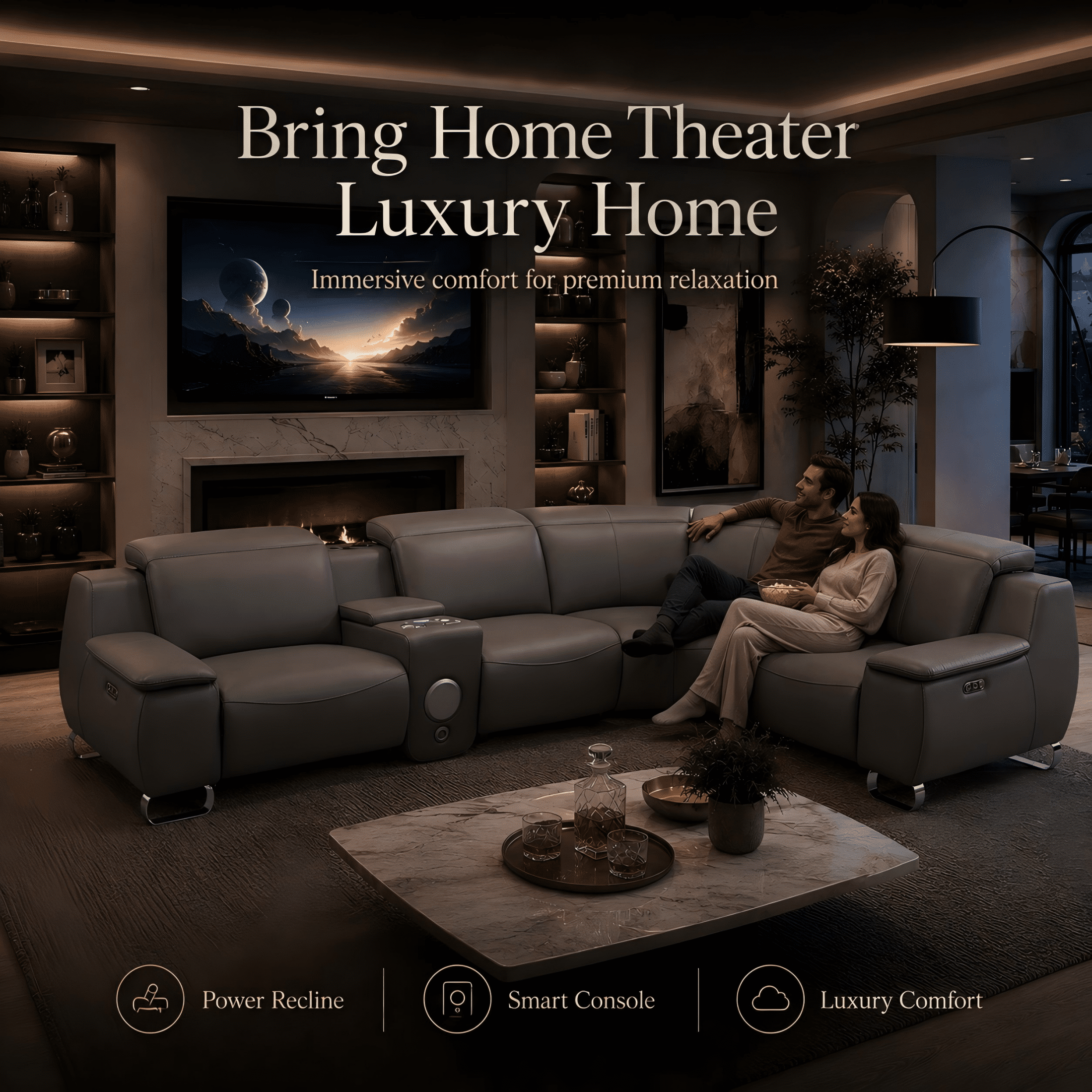 Aenkyo L-Shaped Faux Leather Power Reclining Sectional Sofa with Speaker and Wireless Charging, Gray