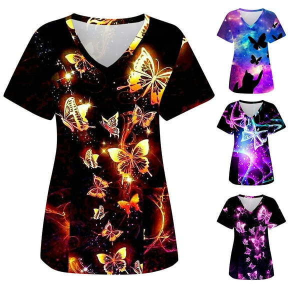 Shadoumai Bow Printed Scrub Tops Women Short Sleeve V Neck Plus Size Scrubs For Womens Nursing Uniforms Shirts With Pockets