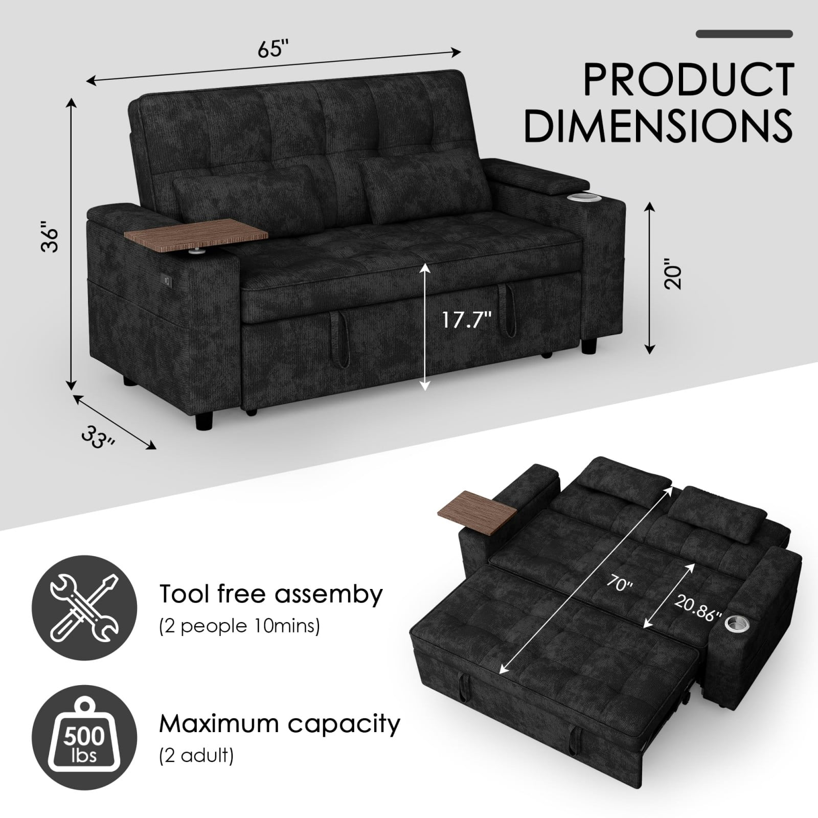 65" Sleeper Sofa Bed, 3 in 1 Convertible Pull Out Couch with Chenille Fabric, USB Ports, Storage Arms, Adjustable Backrest for Apartment Living Room, Black