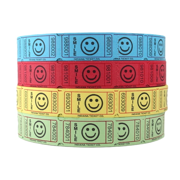 INDIANA TICKET CO. Smile Roll Tickets, 2000 Tickets Each, Blue, Red, Yellow, and Green, 4-Pack, 1x2, 8000 Total