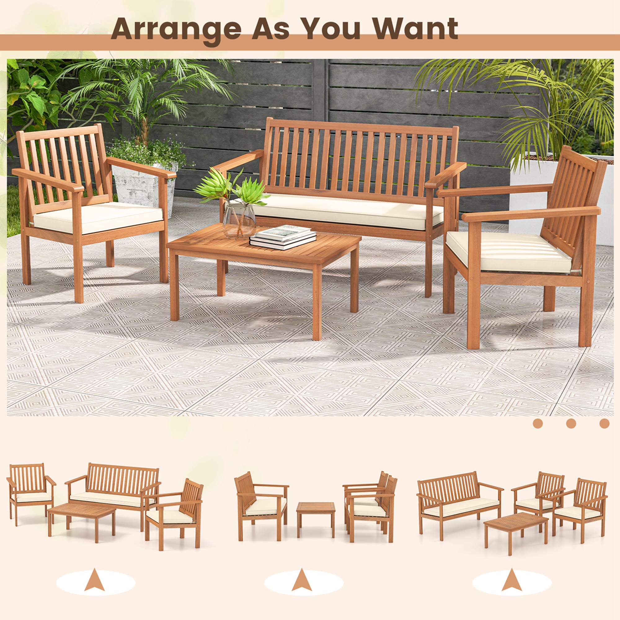 Costway 4 PCS Patio Wood Furniture Set with Loveseat, 2 Chairs & Coffee Table for Porch White - image 5 of 10