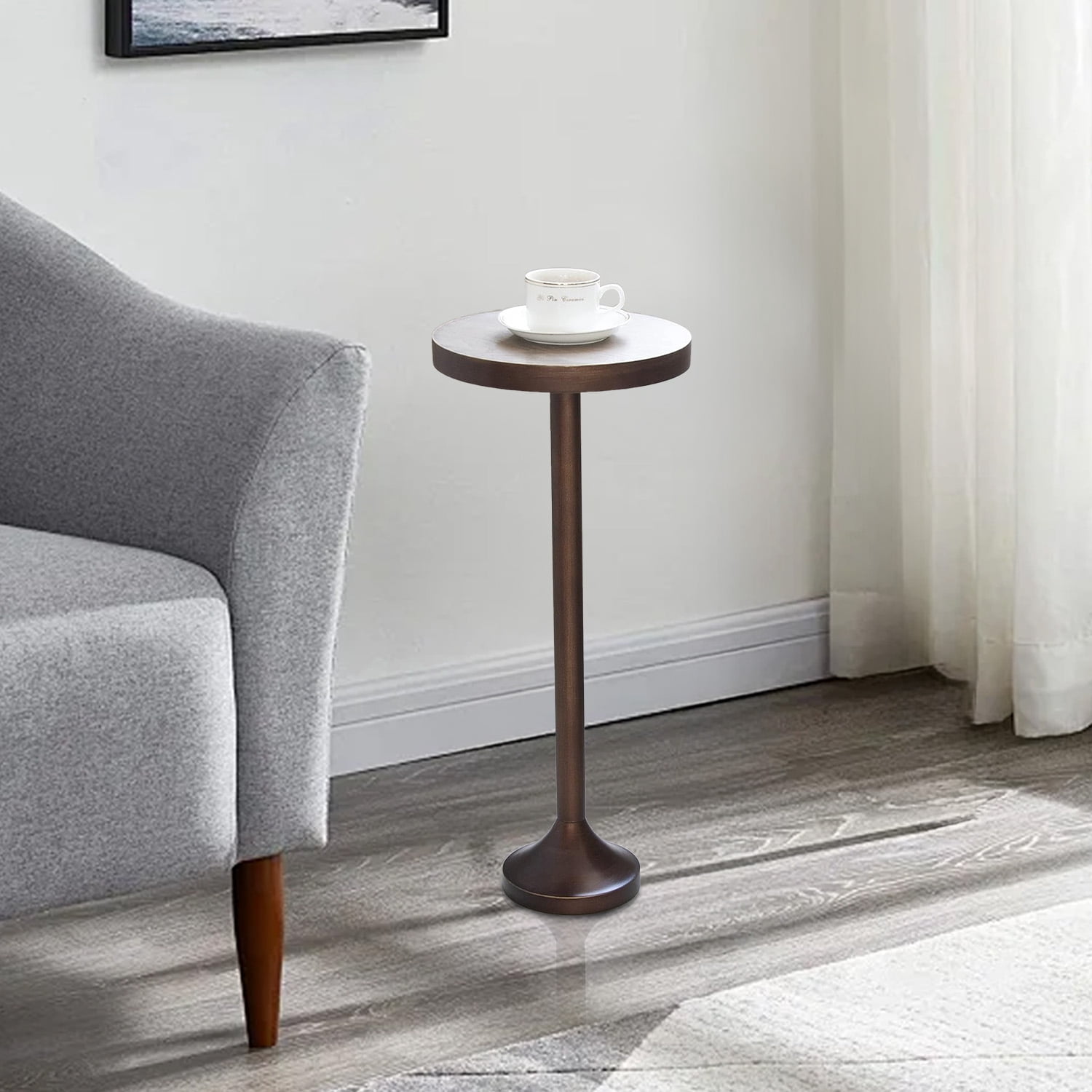Small Pedestal End Table, Living Room Accent Side Table - Display Stand with Wood Top & Distressed Finish Metal Base, Light Espresso