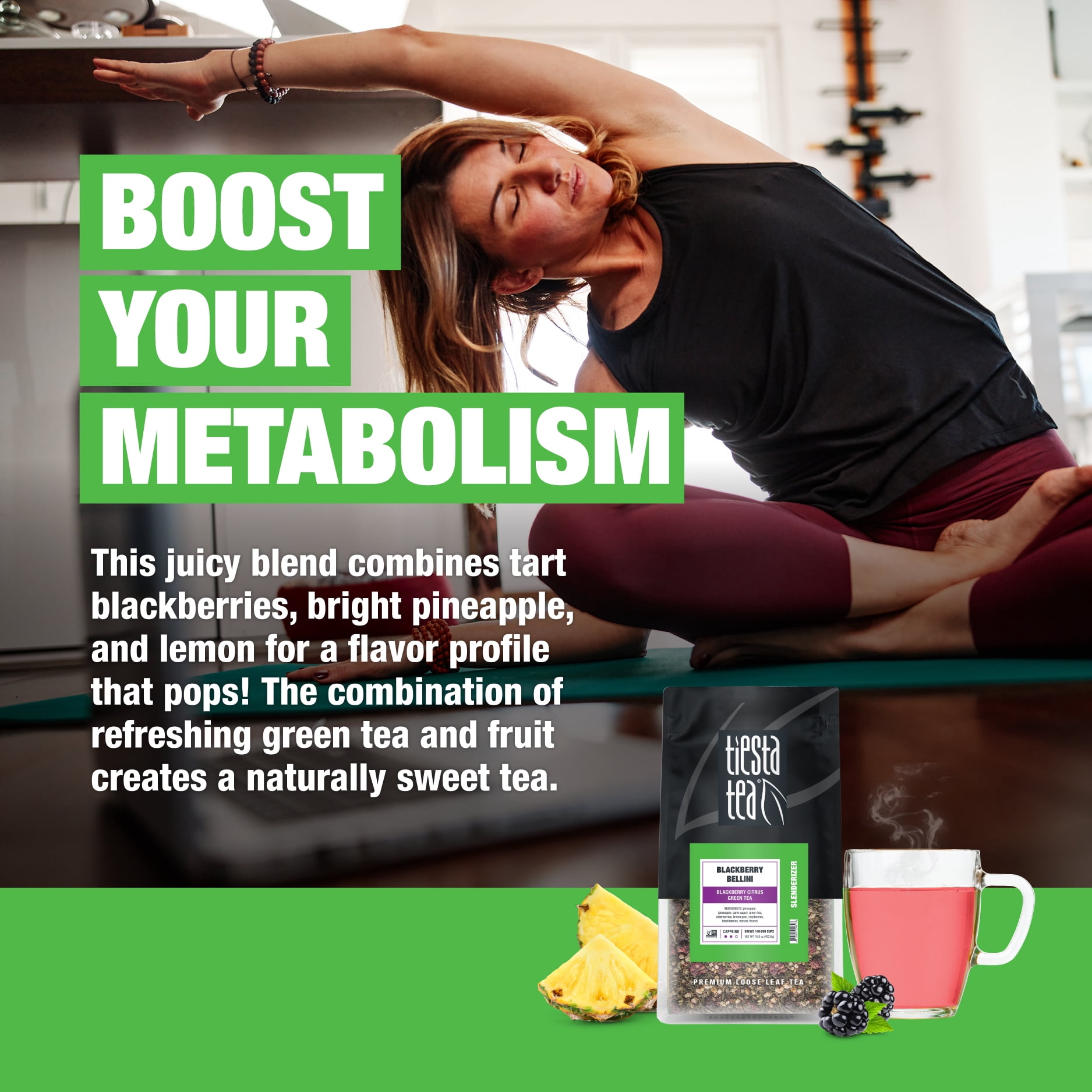 Tiesta Tea - Blackberry Bellini, Slenderizer Loose Leaf Green Tea, Blackberry Citrus Green Tea Blend, Medium Caffeine, Make Hot or Iced Tea & Brews Up to 200 Cups - 16 oz Resealable Bulk Pouch
