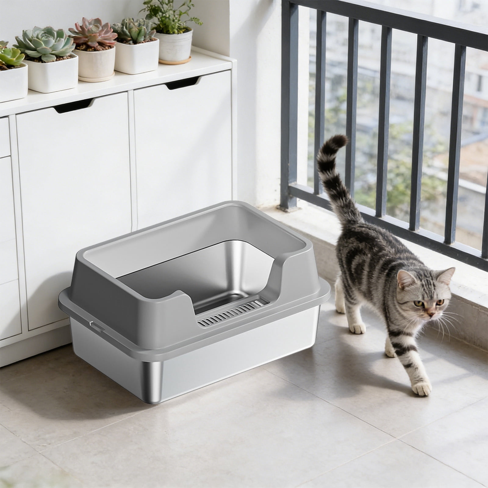 Stainless Steel Cat Litter Box, XL Semi-Enclosed High Sides Litter Pan, Anti-Splash Odor Control, Non-Stick Leakproof with Scoop, 20"x 13" (Gray)