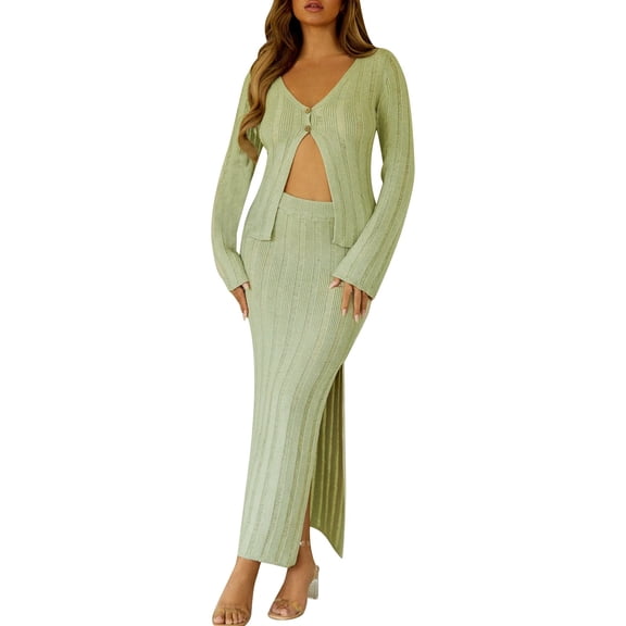 DHFJKG Women's 2 Piece Outfits Sweater Sets Knitted Long Sleeve V Neck Cardigan Crop Top Maxi Side Slit Skirts Set Spring Fall Trendy Outfit