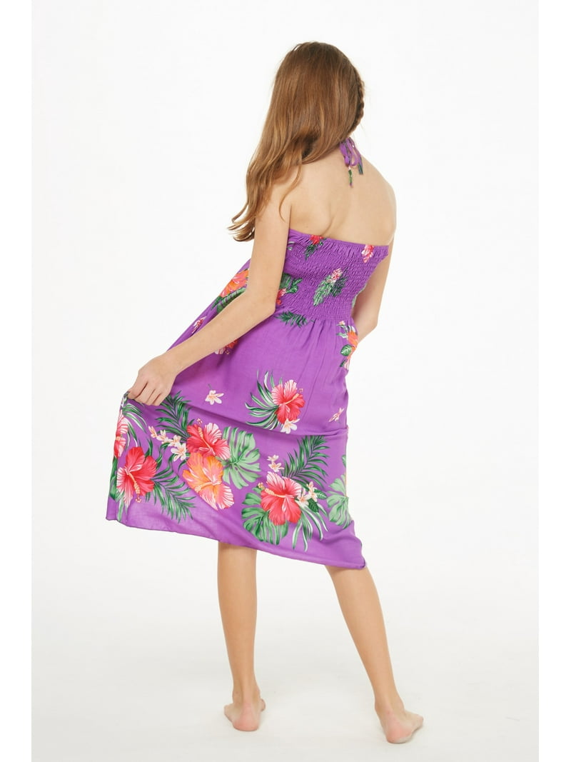 hawaiian halter dress 904-1R-Hawaiian Short Halter Dress Hibiscus Watercolor Blue Small main image 1