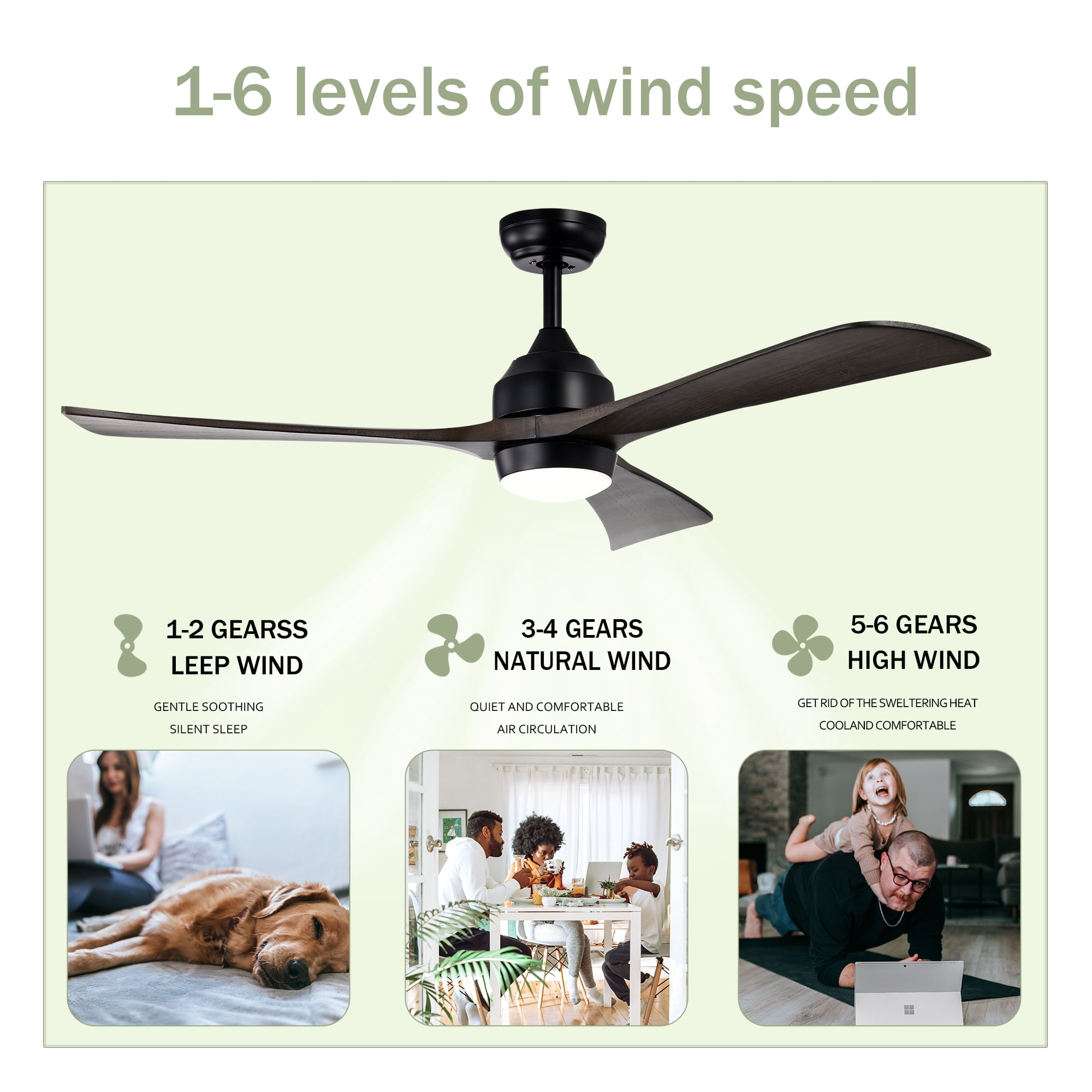 Leumius 52" Solid Wood Blades Ceiling Fan with Light and Remote Control,Quiet DC Motor 3 Blade Ceiling Fans 6 Speed Levels,Reversible for Patio Living Room Bedroom Office Black