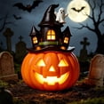 thumbnail image 3 of Linterna con forma de calabaza de resina iluminada con luz LED cálida – Adorno de castillo espeluznante con fantasma, murciélagos y calavera para decoración de mesa de Halloween, 3 of 6