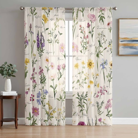 Botanical Garden Florals Sheer Curtains 84 Inch Length 2 Panels Set, Spring Watercolor Wildflowers Voile Window Treatment Rod Pocket Curtains Sheers Drapes for Bedroom/Living Room/Kitchen 52"x84"x2